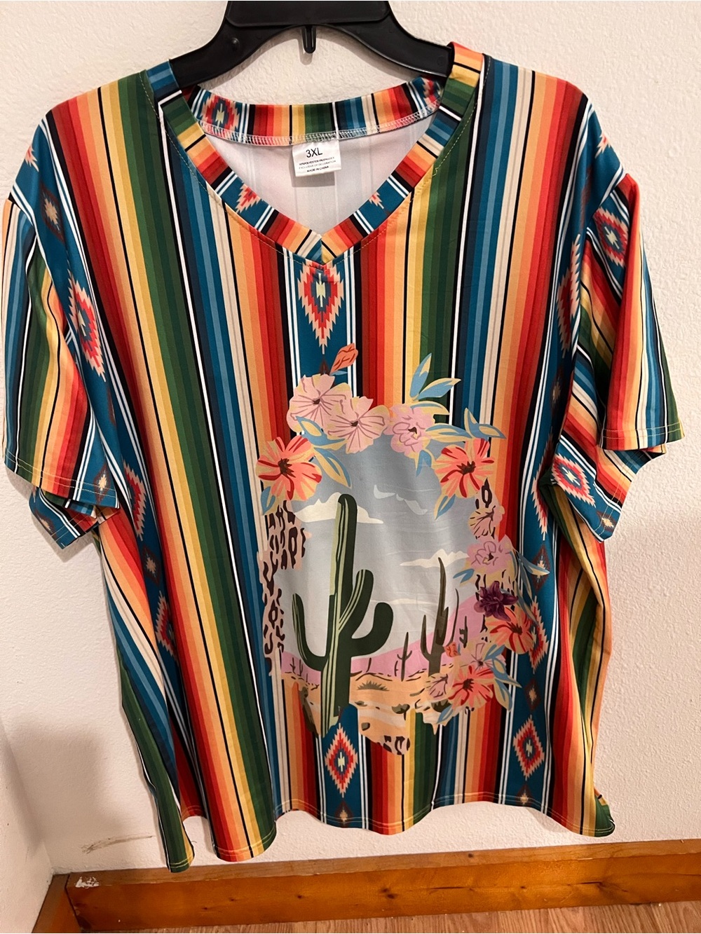 Serape-Stripe V-Neck Tee with Cactus Graphic - Multicolor